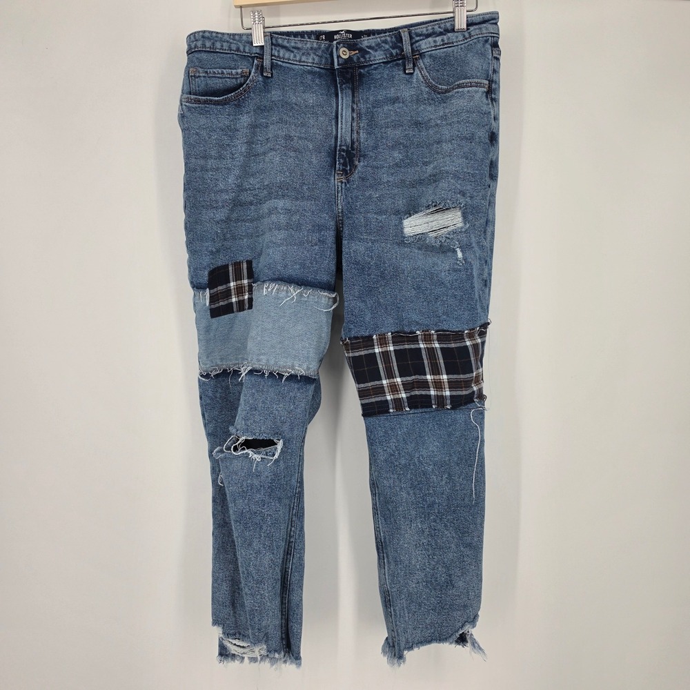 Hollister Ultra High-Rise Mom Jeans 17R Blue Patchwork Plaid Grunge Distressed